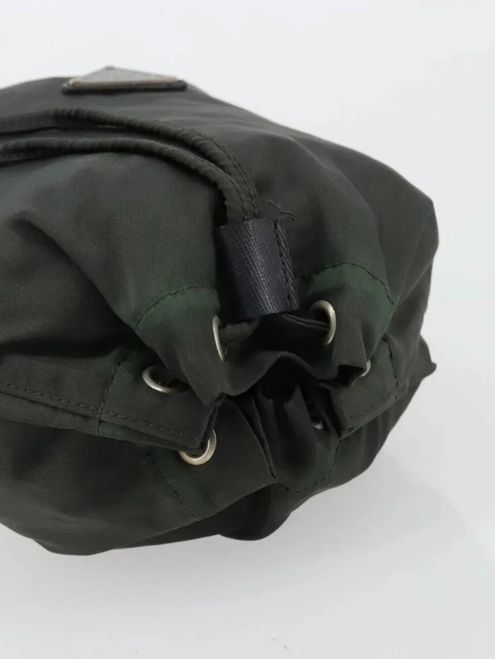 PRADA Drawstring Pouch Nylon Khaki Silver Auth bs34644